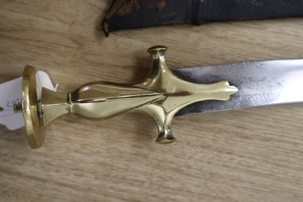 A Chinese sword, 30 inch straight double-edged blade with engraved script, shagreen grip, in shagreen scabbard, and one other sword,